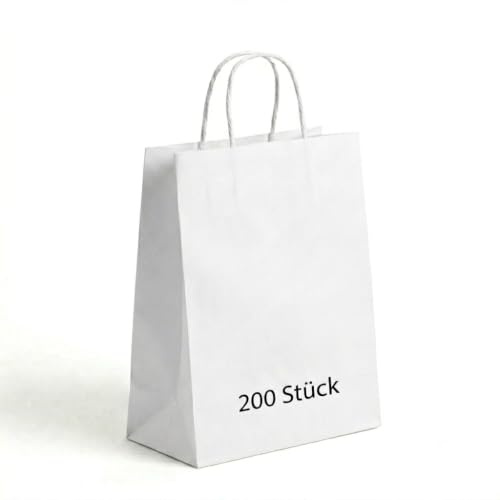 Commerline Papiertüten mit Henkel 22+10x28 cm, Papiertragetaschen, Tüten | 200 Stück, Weiß, gedrehter Papierkordelgriff, Papiertaschen aus Kraftpapier für Einkauf, Einzelhandel & Gastronomie