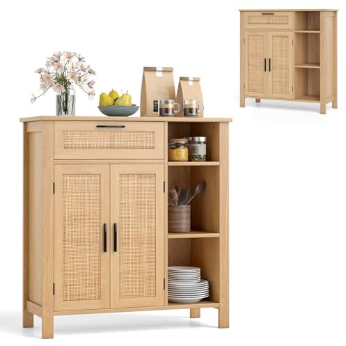 KOMFOTTEU Aparador de Cocina con 2 Puertas de Ratán, Armario Buffet con 1 Cajón, 3 Estantes Abiertos, Estante Ajustable, Mueble de Almacenamiento para Sala de Estar, Comedor, 75 x 30 x 80 cm