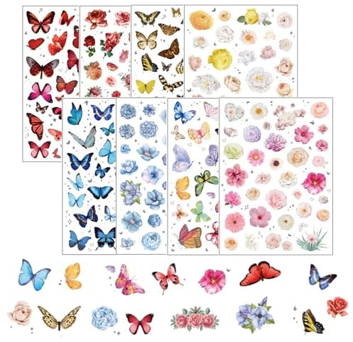 VVQWCY 8 Blätter Sticker Blumen Schmetterlinge, 260 Stück Scrapbook Aufkleber