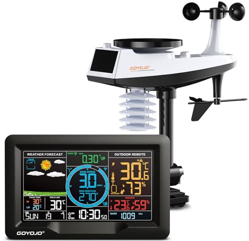 Wireless Weather Station with Color LCD Display, Temperature, Humidity, Wind Speed, Rainfall, 7 Languages, USB Charging, 3-Channel Sensors, 433.92MHz Signal (No WiFi)