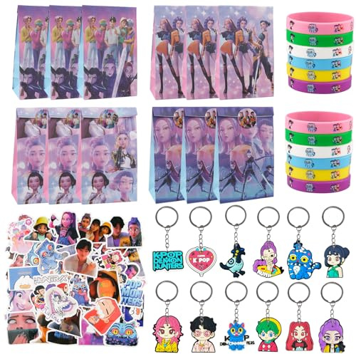 KEVRDRT 96 Pieces Hun-trix Anime Birthday Party Gifts, De-m0n Hun-ters Gadgets Birthday Children, KP_0_P Party Gifts Birthday with Stickers Keyring Bracelet Gift Bags