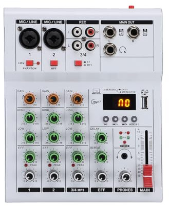 Matybobe Mini-4-Kanal-Mischpult mit BT MP3 USB 48 V Phantomspeisung für Karaoke-Heimstudio-Aufnahmen (Weiß)