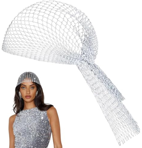 Glitzerndes Netz Kopftuch für Damen, Strass Stirnband in Silber, Elastische Kopfbedeckung für Nachtclub Party, Haarschmuck mit Pailletten, Mesh Turban Cap für Frauen