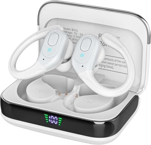 Auriculares Bluetooth auriculares inalámbricos con 75hrs de reproducción, pantalla led caso de carga, IPX7 impermeable, Over-Ear diseño auriculares para deportes / correr / entrenamiento - Blanco