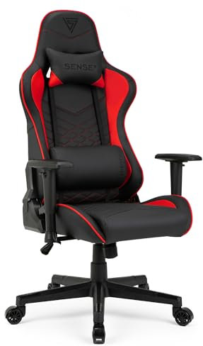 SENSE7 Silla Gaming Spellcaster, sillón ergonómico con Cojines lumbares Ajustables y ángulo de inclinación, función de balanceo, Silla de Oficina de Cuero PU para 150kg, Gaming Chair Negro-Rojo