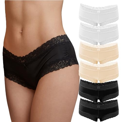 Fabio Farini - 6er Pack Damen Panties Hipster mit verführerischen Spitzendetails - Frauen Unterhosen Brazilian Slips Brasil Spitze Set Unterwäsche 2X Weiß/2x Schwarz/2x Apricot 36-38