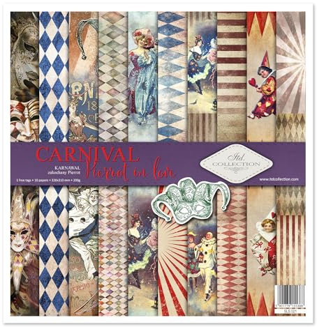 ITD Collection - Scrapbook Papier - Scrapbooking Set - Motivpapier zum Basteln - Dekorpapier 12x12 inches - 310 x 310 mm - 10 Blatt + 1 – Carnival - Pierrot in love - SLS-021