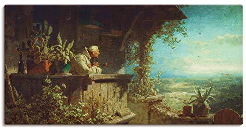 ARTLAND Wanddeko Leinwand Bilder Wandbild 100x50 cm Pflanzen Balkon Raucher Pfeife Landschaft Idyll Verdächtiger Rauch 1860 Kunst Romantik Carl Spitzweg B4KV