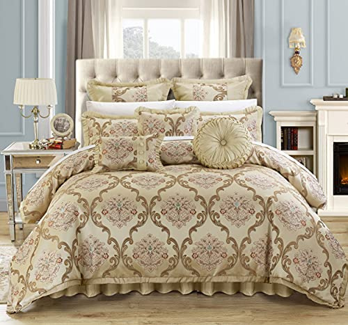 Chic Home 9 Piezas decoración de Aubrey tapicería Tela de Desplazamiento Calidad Jacquard Conjunto de Dormitorio Colcha de Ropa de Cama Almohadas, Reina, Color Beige