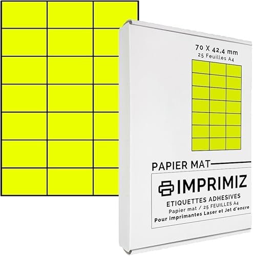 525 étiquettes autocollantes Jaune fluo de 70 X 42 mm - 21 étiquettes/feuille - 25 planches papier A4 adhésif couleur - pour impression Laser et Jet d'encre