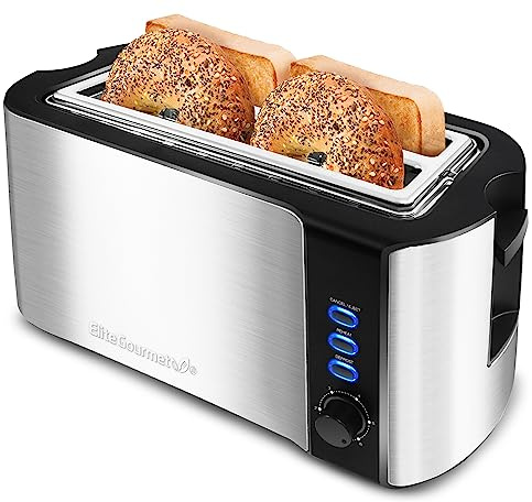 Elite Gourmet ECT-3100 4-Slice Long Slot Toaster | Extra Wide Slots for Bagels, Sourdough & Texas Toast | 6 Browning Settings | Reheat, Defrost & Cancel | Built-In Warming Rack | Stainless Steel