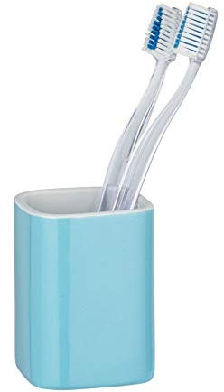 WENKO Zahnputzbecher Elmo Blau Keramik - Zahnbürstenhalter für Zahnbürste und Zahnpasta, Keramik, 6.5 x 9 x 6.5 cm, Blau