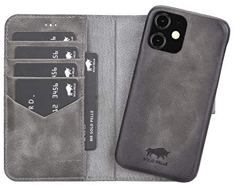 Solo Pelle Lederhülle kompatibel für iPhone 12 Mini in 5.4 Zoll abnehmbare Hülle (2in1) inkl. Kartenfächer für das original Apple iPhone 12 Mini (Vollleder Steingrau)