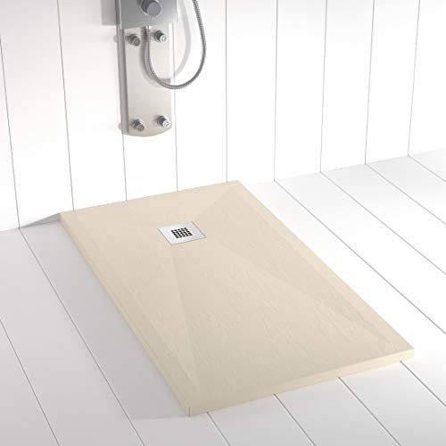 Shower Online Plato de ducha Resina PLES - 70x140 - Textura Pizarra - Antideslizante - Todas las medidas disponibles - Incluye Rejilla Inox y Sifón - Crema RAL 1015