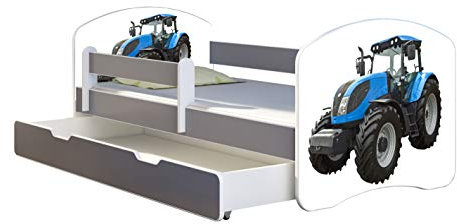 ACMA Kinderbett Jugendbett mit Einer Schublade und Matratze Grau mit Rausfallschutz Lattenrost II (42 Traktor, 180x80 + Bettkasten)