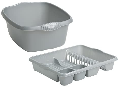 JMS we create smile 2 PIECE PLASTIC KITCHEN SET - LARGE DISH DRAINER & RECTANGLE WASHING UP BOWL 39 CM (Soft Grey)
