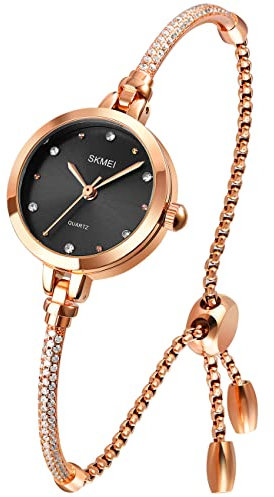 SKMEI Rosegold Analog Uhr für Frauen Armband Slim Damen Mädchen Kleines Zifferblatt Diamant Casual Fashion Armbanduhr für Freundinnen Geschenke, Schwarz, 24, Retro