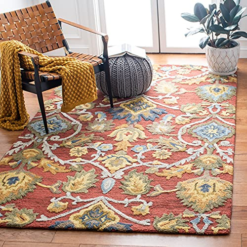 SAFAVIEH Blossom Collection Area Rug - 6' x 9', Red & Multi, Handmade French Country Floral Wool, Ideal for High Traffic Areas in Living Room, Bedroom (BLM402Q)