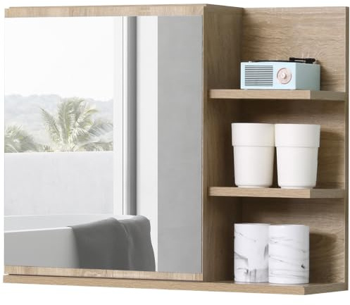 kleankin Mobile Specchiera Bagno a Parete Pensile 60x18x50 cm Color Legno | Armadietto Pensile, Anta a Specchio, 3 Ripiani Laterali in Legno