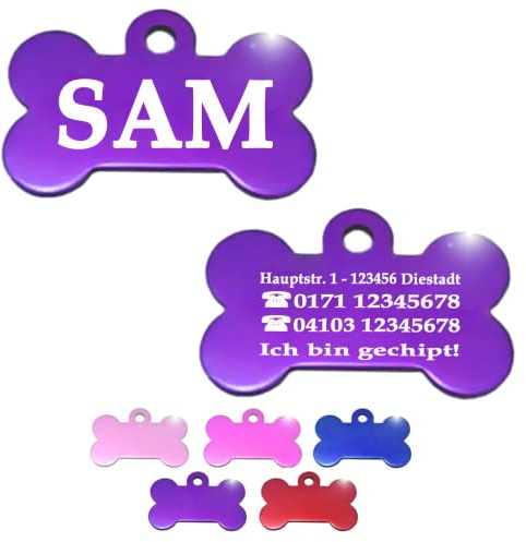 Ibera gifts - Hundemarke mit Gravur, Hundemarke personalisiert, XL, Knochenförmig, für große Haustiere, Aluminium (Lila)