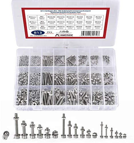 Natsen 813pcs Schrauben Set M2 M3 M4 Zylinderschrauben 304 Edelstahl Gewindeschrauben mit Muttern und Unterlegscheiben Sortiment Kit, Silber