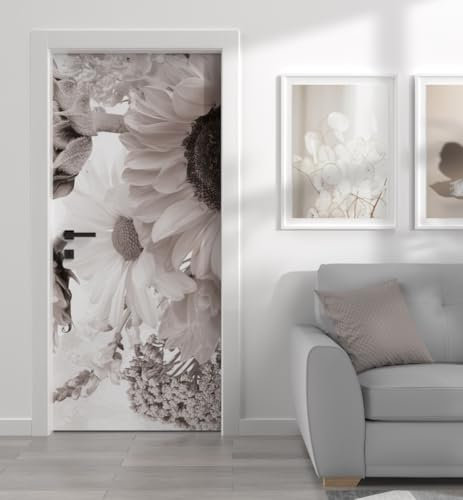 MyMaxxi - Tür bekleben mit Türtapete Türposter Türfolie Selbstklebend 90x200 Blumen Soleil weiß - Tür verschönern Türaufkleber Türklebefolie Blüte Pflanze Garten schwarz weiß