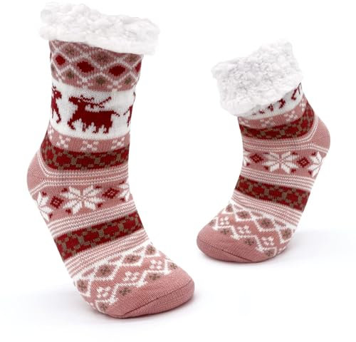 JOMIX Chaussons Chaussettes Femme Noël Chaussettes Antiderapantes pour Femme d'hiver épaisses et Chaudes à la Maison (Rose, 36-42)