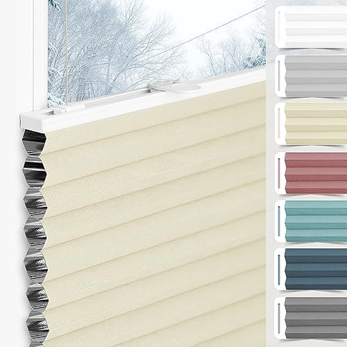 bobodeco Wabenplissee Plissee ohne Bohren Verdunkelung Klemmfix Thermo Verdunklungsplissee, Beige-Weiß 55x110 cm(BxH), 100% Verdunkelnd & Sicht- & Schallschutz, Wärmeisolierung für Fenster & Tür