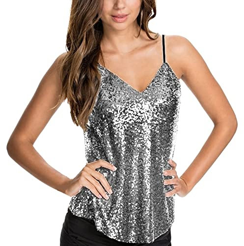 Damen Tops Pailletten Glitzer Oberteile Pailletten Tank Tops Party Weste Ärmellos Tunika Weste Damen Sequin Trägertops Verstellbare Träger top Spaghettiträger Pailletten Tops Blusen (Silver, M)