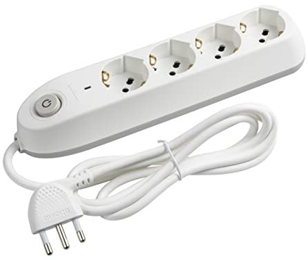 BTICINO Ciabatta Multipresa Elettrica Poker 4 Posti, 4 Prese Polivalenti (Schuko 10/16A e Bipasso), Ciabatta Elettrica con Interruttore e Salvafulmine, Cavo 1,5m Spina 16A, Robusta Salvaspazio, Bianco