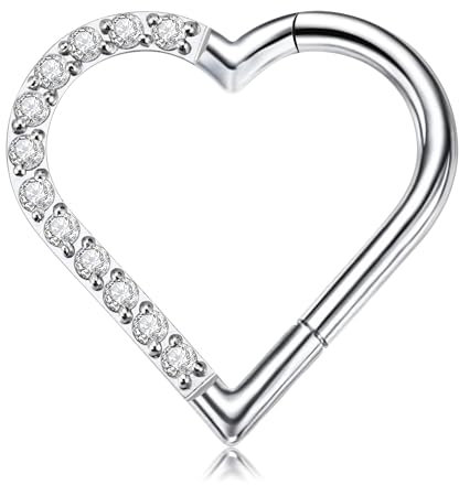 FINE4U Heart Daith Piercing-Schmuck, 16G, 8 mm, 10 mm, linkes Ohr – ASTM F136 Titan Clicker Daith Ohrringe für Damen und Herren, 16G(1.2mm), 5/16(8mm), Zirkonia, Titan, zirkonia