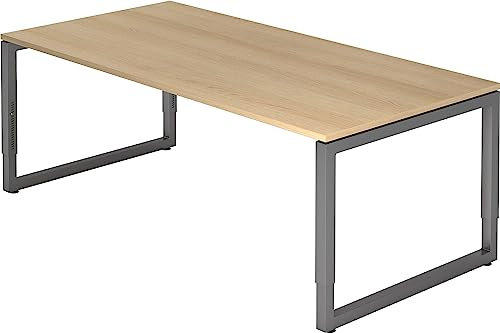 bümö höhenverstellbarer Schreibtisch R-Serie 200x100 cm in Eiche, Gestell in Graphit - großer PC Tisch für's Büro manuell höhenverstellbar, Computertisch verstellbar