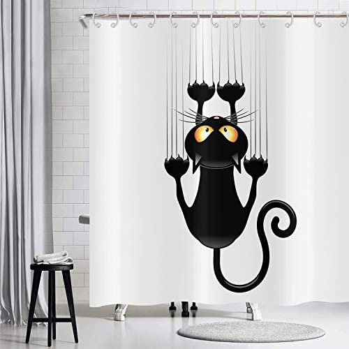 Hnmdmyi Duschvorhang Lustige Katze 180x200, Schwarzes Kätzchen Kratzt an der Wand Badewanne Vorhang Kinder Niedliche Cartoon Tier Schwarz und Weiß Minimalismus Kunst Wasserdicht Stoff Badevorhang