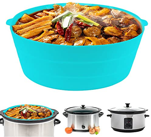 Foldable Silicone Slow Cooker Liner 7-8 Quart Compatible with Crockpot, Reusable Leak-Proof Slow Cooker Liner Bag for Crockpot 7-8 Quart Oval or Round Pots, Dishwasher Safe (Blue)