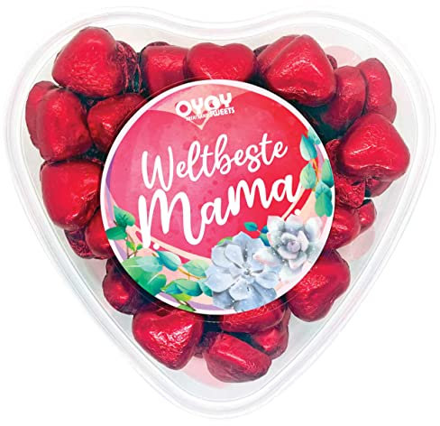 OYOY Muttertagsgeschenk mit 500g Schokoladenherzen aus Milchschokolade I ca. 65 Stück I Geschenkbox in Herzform mit Weltbeste Mama Schriftzug I Muttertagsgeschenke für Mama Schokolade I Mamatag