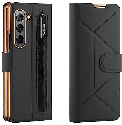 COQUE Étui pour Samsung Galaxy Z Fold 5, étui de téléphone en cuir souple ultra fin avec pochette de rangement pour stylo, housse de téléphone pliable pour Samsung Galaxy Z Fold 5 5G, noir