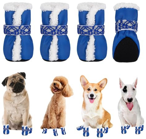 Jodsen Hundeschuhe,4 Stück Hundestiefel Pfotenschutz,Anti-Rutsch Hundeschuhe,Winter Warm Hundeschuhe,Pfotenschützer Hundeschuhe,Schuhe Hunde für Kleine Hunde Winter (Blau)