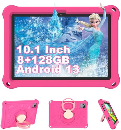 YUMBOT Tablet Bambini 10.1 Pollici Andriod 13,8GB RAM 128GB Rom per Bambini 3 4 a 6 8 10 12 Anni,Controllo Parentale,6000mAh,1280x 800,Doppia Fotocamera,Netflix Kids Tablet Rosa con Custodia