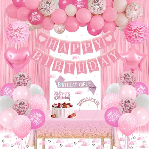 Geburtstagsdeko, Rosa Weiß Party Deko Set mit Happy Birthday Banner, Schärpe und Geburtstagskrone, Konfetti Luftballons, Tischdecke, Vorhang, Pompons für Mädchen Prinzessin Frauen Geburtstag Deko