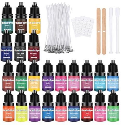 ALLAVA 24 Stück Kerzenwachs Farbe, Kerzenfarben mit Kerzendocht Aufkleber & Kerzendochte, Kerzen Selber Machen Set, Kerzen Farbe für Gelwachs, Paraffinwachs,Bienenwachs