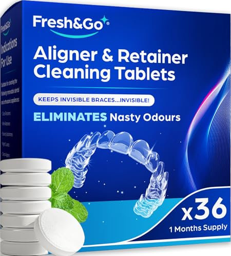 Fresh & Go® Retainer Cleaning Tablets - 1 Month Supply - 36 Tablets - Fresh, Mint, Clean, Brite, Stain-Free - Eliminates Odour - Suitable for Dentures, Mouth Guards, Retainers, Aligners