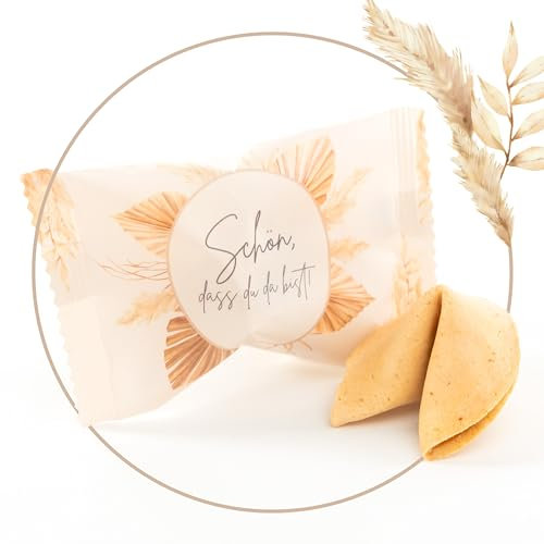 Lucky Treats - Schön, dass du da bist Glückskekse Beige - 25 Stück - Frisch & Regional - Mit liebevollen Botschaften auf Deutsch und Englisch - Gastgeschenke Hochzeit Deko, Taufe & Kommunion