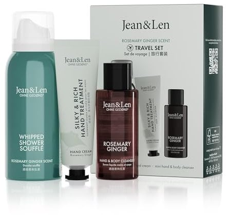 Jean & Len Travel Set Rosemary & Ginger, ideales kleines Geschenk oder Mitbringsel, Produkte für Körper und Geist, Verpackung ist FSC zertifiziert, kleine Reisegrößen, veganes Geschenkset