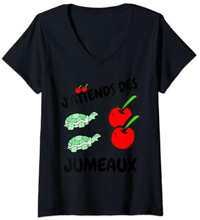 Femme Femme Enceinte J'attends des Jumeaux Duo Tortues Cerises T-Shirt avec Col en V