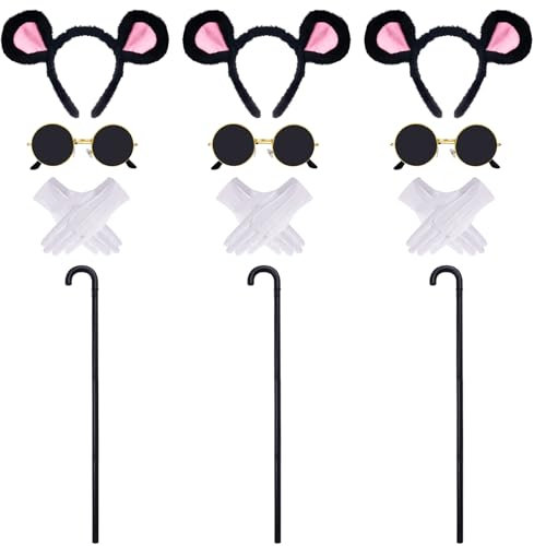 Pistha 12 Pcs Mouse Costume Accessories Set Mouse Ears Headband Sunglasses Blind Cane White Gloves for Halloween Adult Women Costume