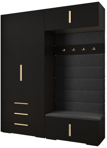 MEBLE KRYSPOL Inova 1 Möbelset - Moderne Garderobe - für Schlafzimmer, Wohnzimmer, Flur, Kinderzimmer - Ankleidemöbel - 236,7x200x47cm - Schwarz, Paneele Manila 18, Handgriff Gold