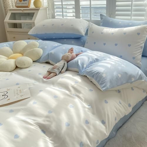 Freyamy Bettwäsche 220x240cm 3teilig Weiß Blau Herz Mädchen Bettwaren-Sets Romantisch Liebe Wendebettwäsche 100% Microfaser Liebesmotiv Bettbezug mit Reißverschluss und 2 Kissenbezug 80x80cm