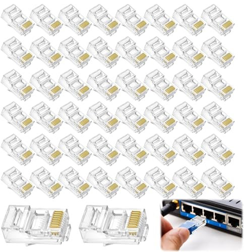 RJ45 Connectors 50PCS Gold Plated Cat7 Cat6 Ethernet Pass Through Plugs Transparent RJ45 Ends for Easy Installation Compatible with Cat6 Cat5 Cat5e UTP Solid Stranded Network Cables High Speed 1Gbps