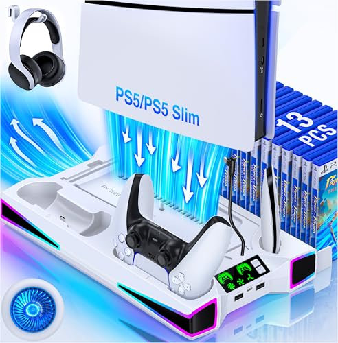 Elegant RGB LED PS5 Stand and PS5 Cooling Station with Dual Controller Charging, 3 Adjustable Speeds PS5 Fan Cooler for PS5/PS5 Slim,Playstation 5 PS5 Accessories with Headset Holder and Storage Slots