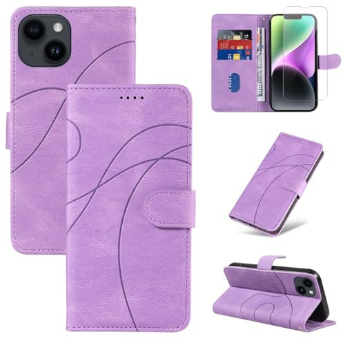 Reshias Cover Compatibile con iPhone 14 con 1 Pezzo Vetro Temperato Pellicola Protettiva, Pelle PU e Flip Custodia, Funzione Supporto e Portafoglio Caso (Viola)